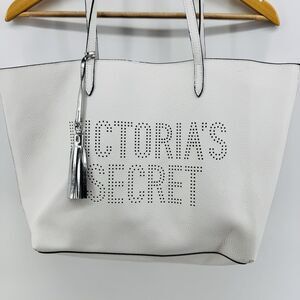 Victorias Secret White Tote Bag Purse Silver Tassel Vegan Faux Leather Large